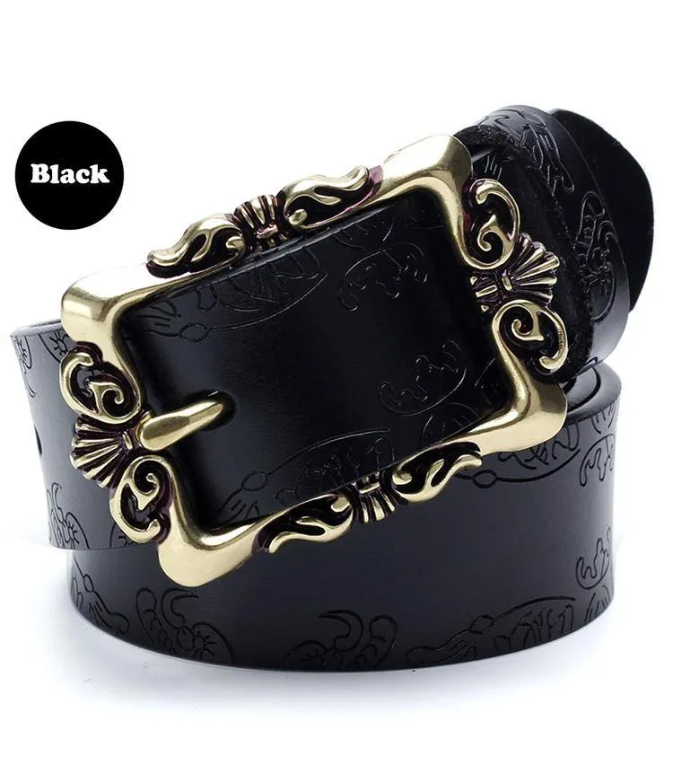 Fashion Wide Genuine Leather Women Belt Vintage Floral Lady Belts Strap For Jeans 35MM