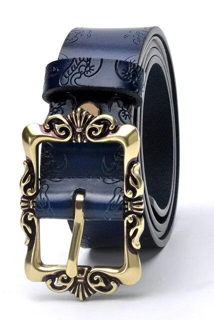 Fashion Wide Genuine Leather Women Belt Vintage Floral Lady Belts Strap For Jeans 35MM