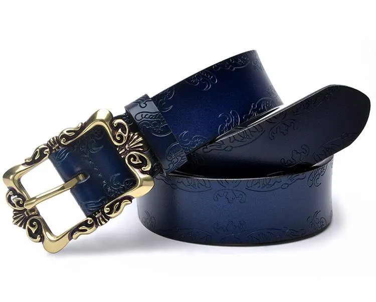Fashion Wide Genuine Leather Women Belt Vintage Floral Lady Belts Strap For Jeans 35MM