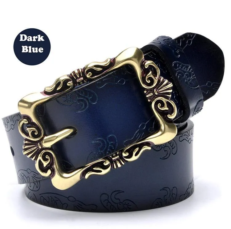 Fashion Wide Genuine Leather Women Belt Vintage Floral Lady Belts Strap For Jeans 35MM