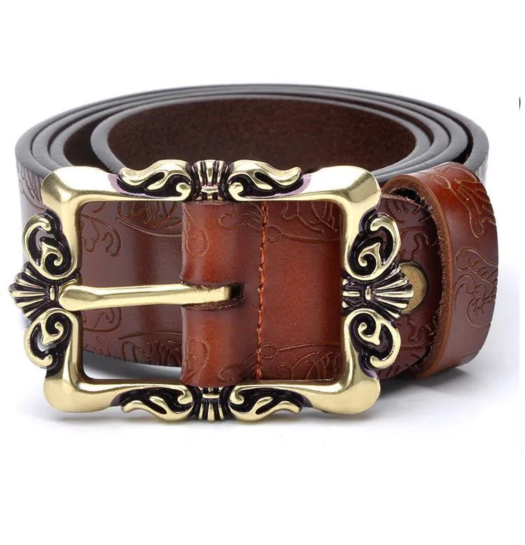 Fashion Wide Genuine Leather Women Belt Vintage Floral Lady Belts Strap For Jeans 35MM