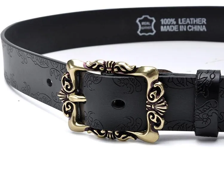 Fashion Wide Genuine Leather Women Belt Vintage Floral Lady Belts Strap For Jeans 35MM