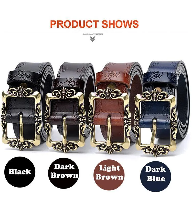 Fashion Wide Genuine Leather Women Belt Vintage Floral Lady Belts Strap For Jeans 35MM