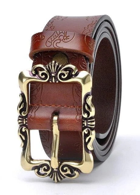 Fashion Wide Genuine Leather Women Belt Vintage Floral Lady Belts Strap For Jeans 35MM
