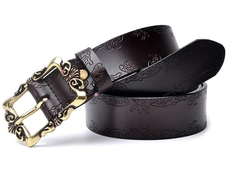 Fashion Wide Genuine Leather Women Belt Vintage Floral Lady Belts Strap For Jeans 35MM