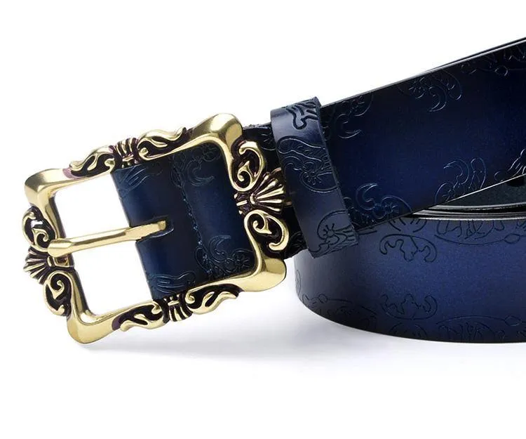 Fashion Wide Genuine Leather Women Belt Vintage Floral Lady Belts Strap For Jeans 35MM