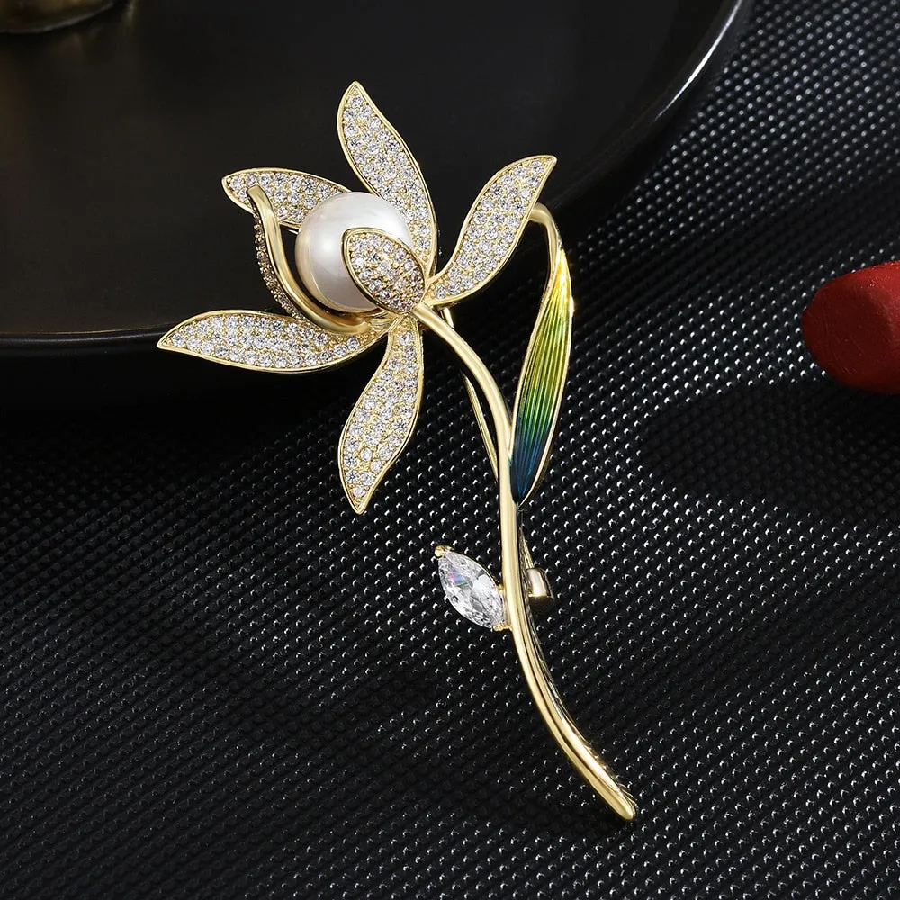 fashionable new luxury narcissus corsage copper micro inlaid plant brooch women