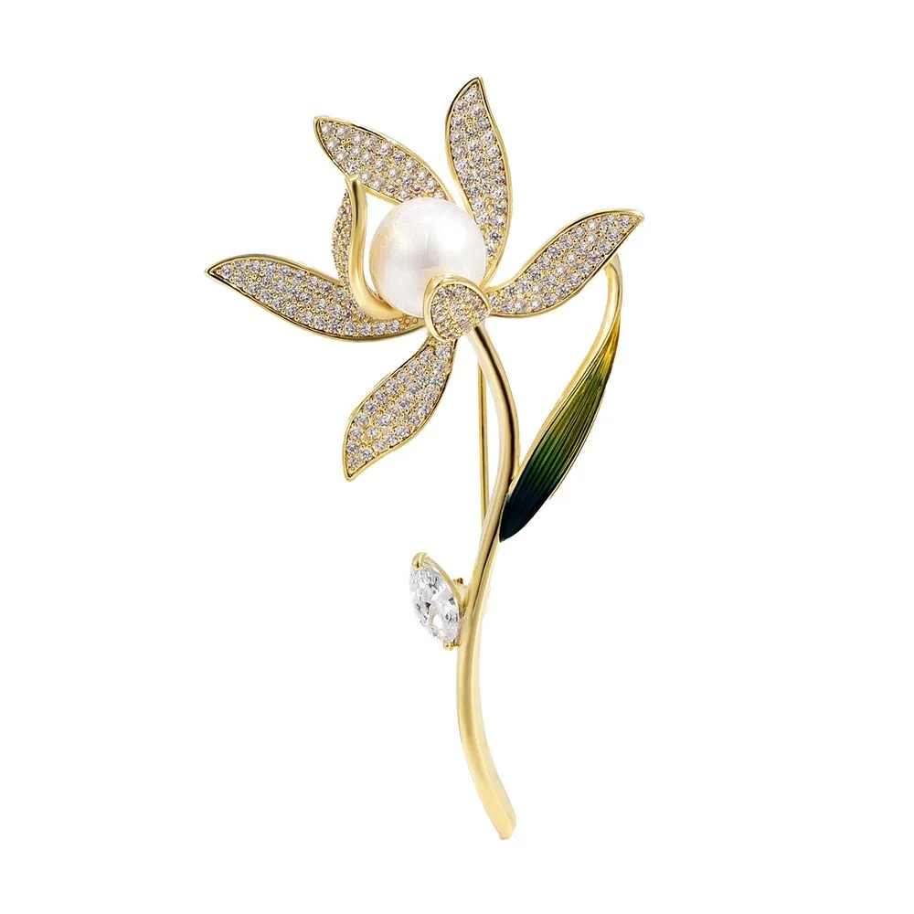 fashionable new luxury narcissus corsage copper micro inlaid plant brooch women
