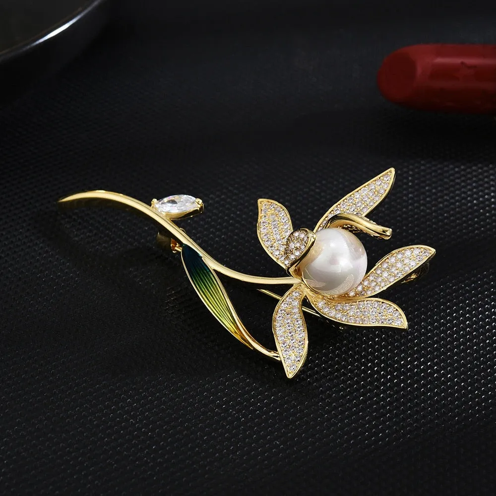 fashionable new luxury narcissus corsage copper micro inlaid plant brooch women