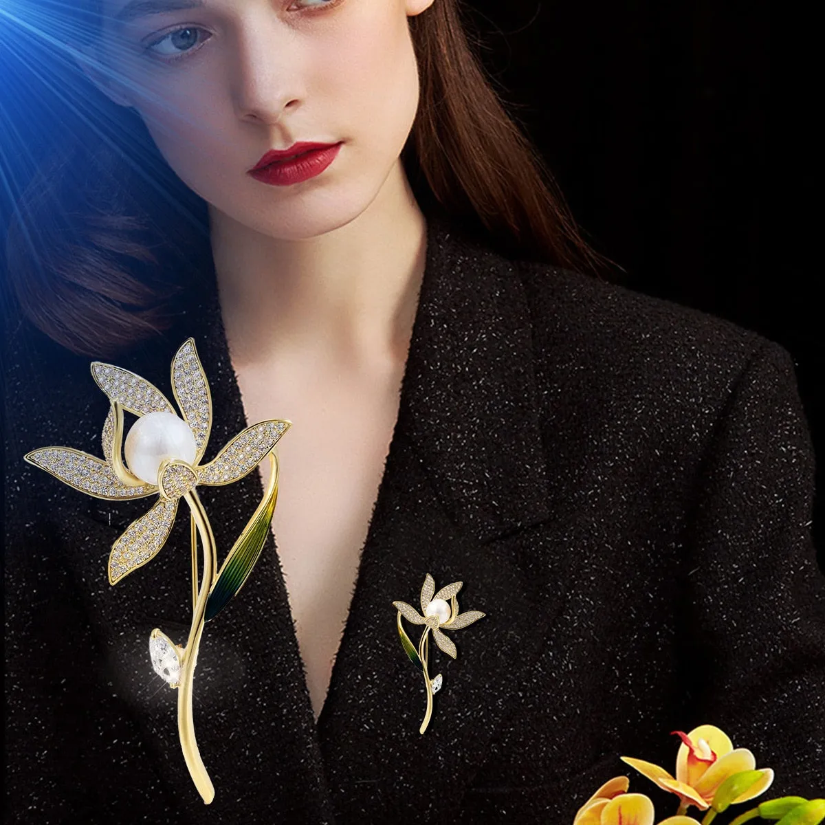 fashionable new luxury narcissus corsage copper micro inlaid plant brooch women