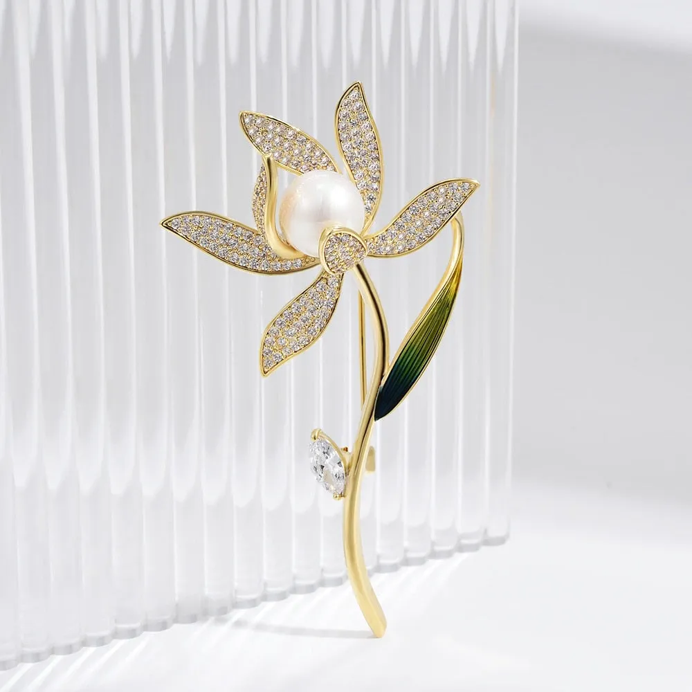 fashionable new luxury narcissus corsage copper micro inlaid plant brooch women