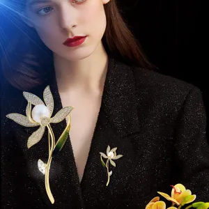 fashionable new luxury narcissus corsage copper micro inlaid plant brooch women