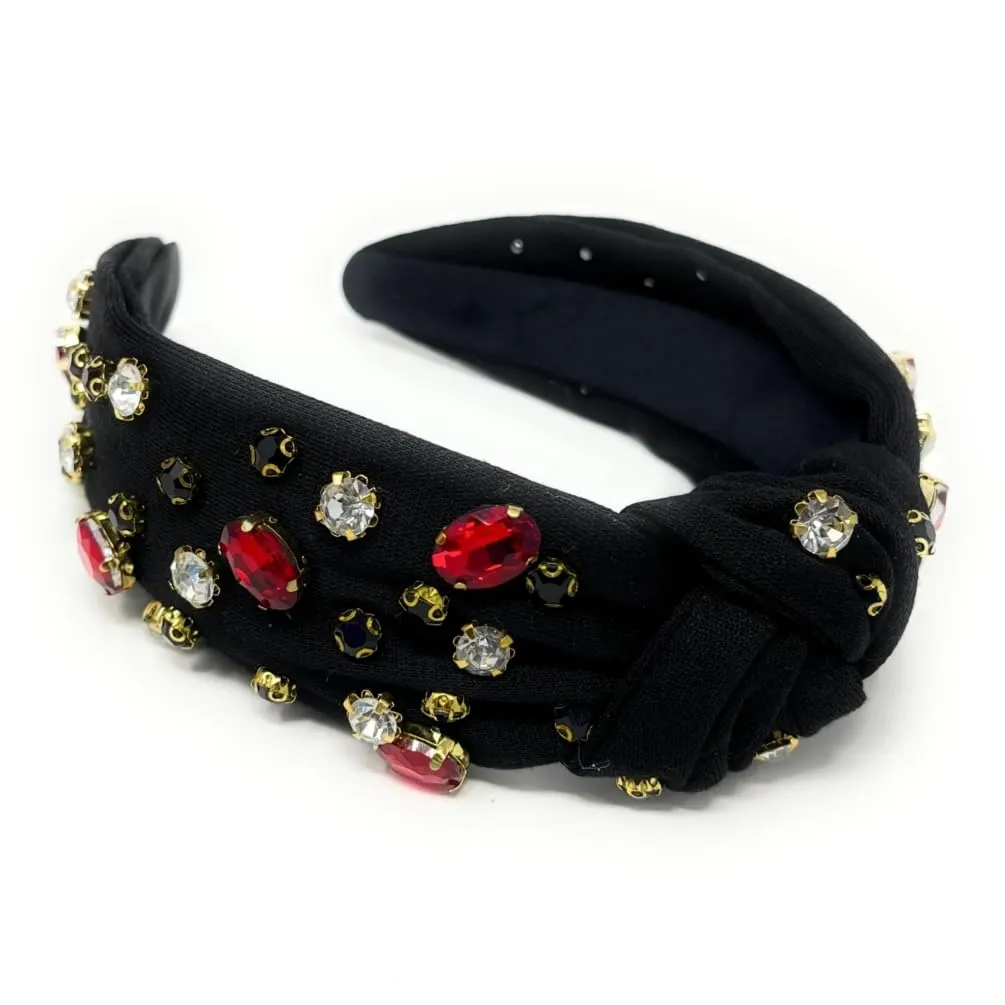 FEDANS Game Day Headband for NCAA Red Black Knot Jeweled Hairband with Women Top Knot Turban Hair Accessory