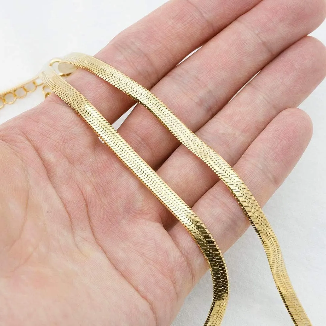 Fiusem Gold Plated Necklace for Women, 14K Gold Plated Herringbone Chain Necklaces, Snake Choker Chain for Women