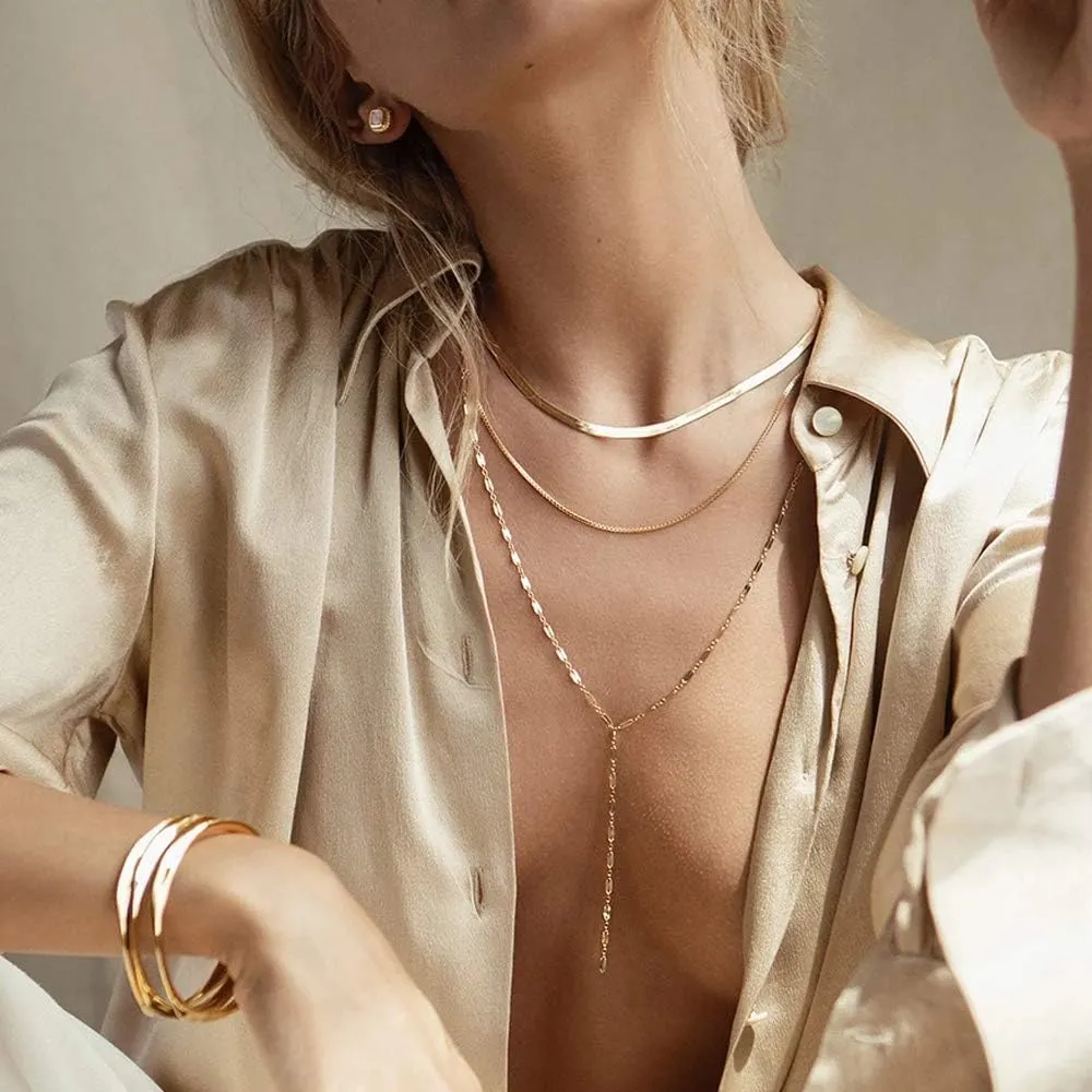 Fiusem Gold Plated Necklace for Women, 14K Gold Plated Herringbone Chain Necklaces, Snake Choker Chain for Women