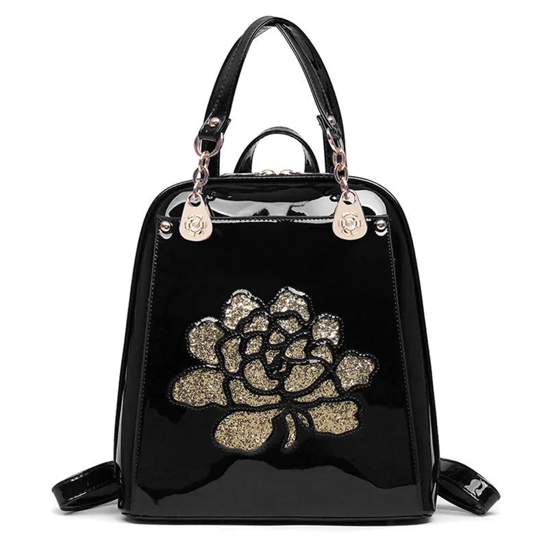 Floral Patent Leather Backpack Ladies Women School Backpack Shoulder Bag Fashion Vintage Backpacks For Teenage Girls Bags Black