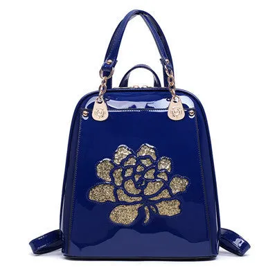 Floral Patent Leather Backpack Ladies Women School Backpack Shoulder Bag Fashion Vintage Backpacks For Teenage Girls Bags Black