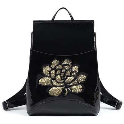 Floral Patent Leather Backpack Ladies Women School Backpack Shoulder Bag Fashion Vintage Backpacks For Teenage Girls Bags Black