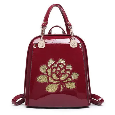 Floral Patent Leather Backpack Ladies Women School Backpack Shoulder Bag Fashion Vintage Backpacks For Teenage Girls Bags Black
