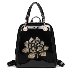 Floral Patent Leather Backpack Ladies Women School Backpack Shoulder Bag Fashion Vintage Backpacks For Teenage Girls Bags Black