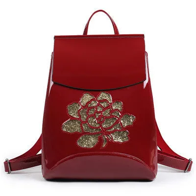 Floral Patent Leather Backpack Ladies Women School Backpack Shoulder Bag Fashion Vintage Backpacks For Teenage Girls Bags Black