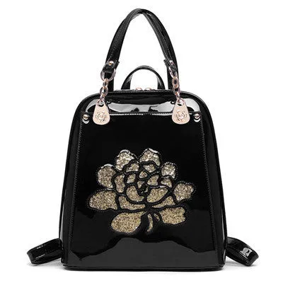 Floral Patent Leather Backpack Ladies Women School Backpack Shoulder Bag Fashion Vintage Backpacks For Teenage Girls Bags Black