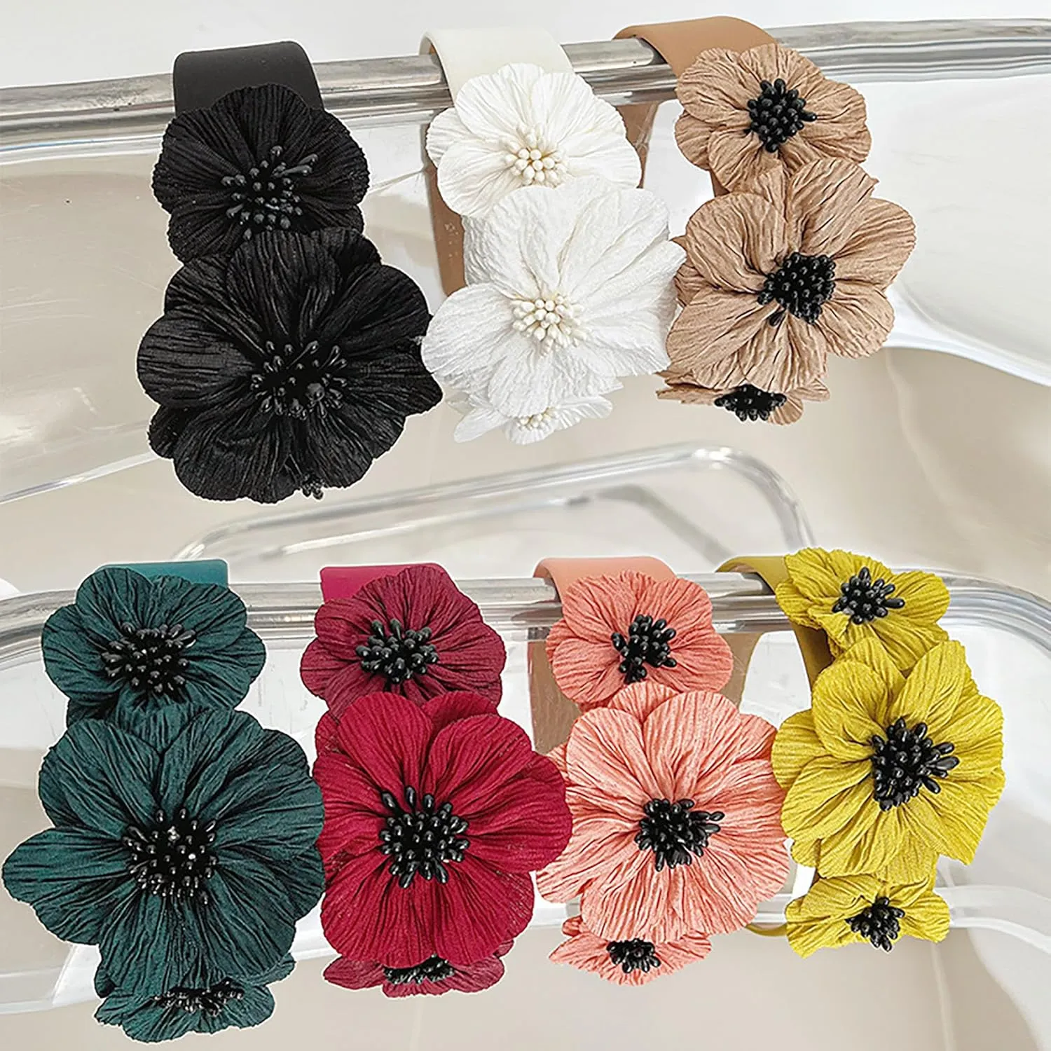Flower Fashion Headbands Side Pearl Flower Hair Bands Fashion Double Flower Wide Fabric Hair Band Nonslip Hair Bands for Women and Girls Outdoor Wear(Green)