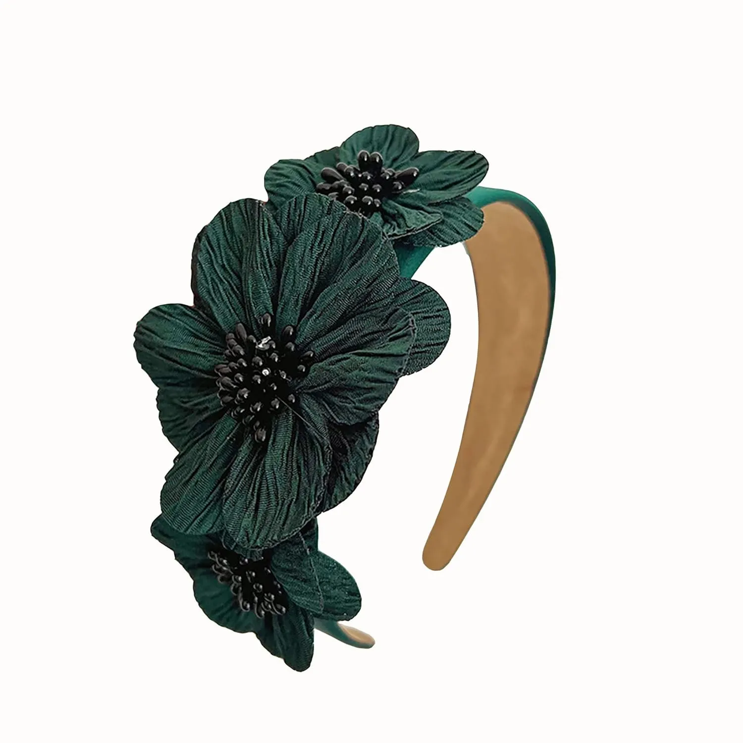 Flower Fashion Headbands Side Pearl Flower Hair Bands Fashion Double Flower Wide Fabric Hair Band Nonslip Hair Bands for Women and Girls Outdoor Wear(Green)
