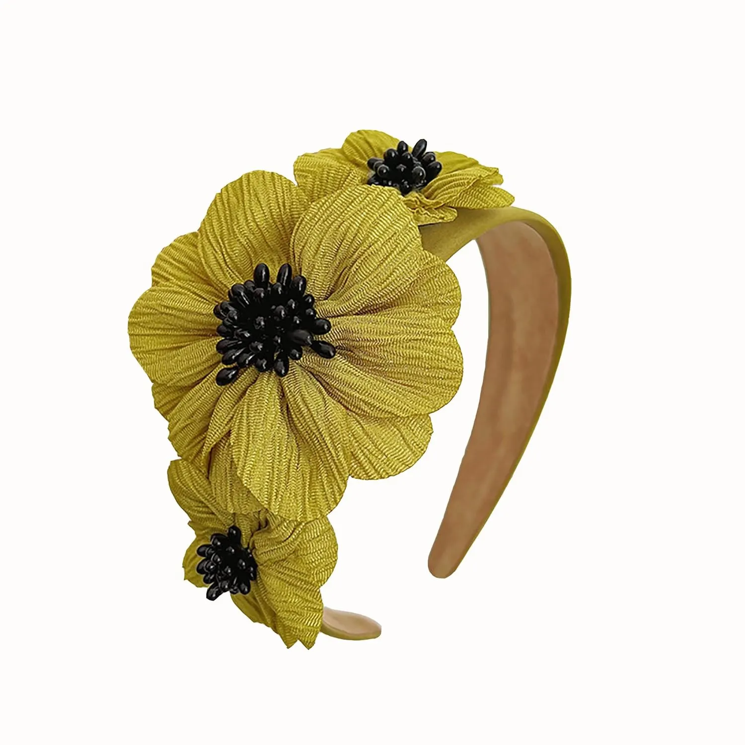 Flower Fashion Headbands Side Pearl Flower Hair Bands Fashion Double Flower Wide Fabric Hair Band Nonslip Hair Bands for Women and Girls Outdoor Wear(Yellow)