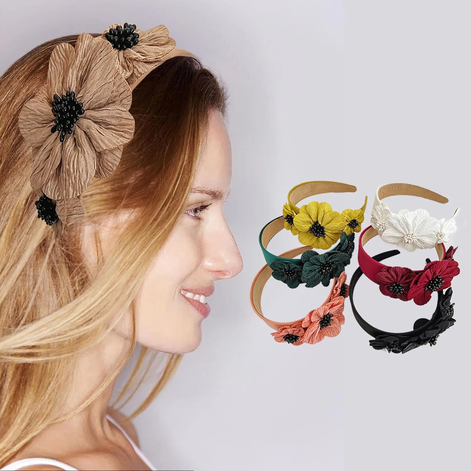 Flower Fashion Headbands Side Pearl Flower Hair Bands Fashion Double Flower Wide Fabric Hair Band Nonslip Hair Bands for Women and Girls Outdoor Wear(Yellow)