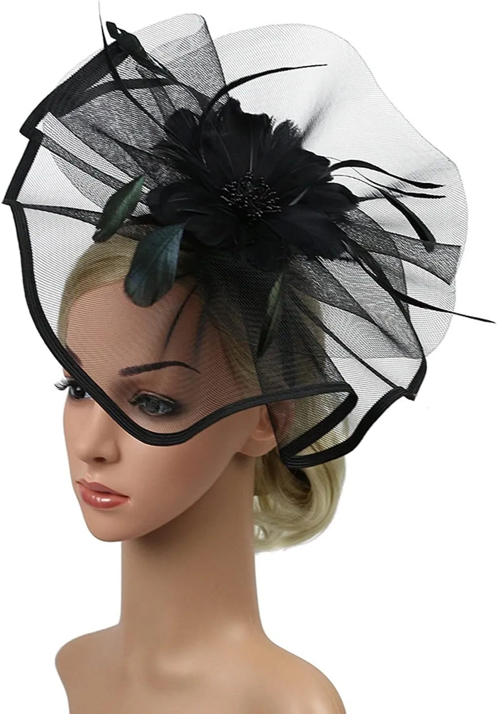 Flower Mesh Feather Fascinators for Women Party Hat Headband Derby Wedding Church Bridal Cocktail Feathers Hair Clip