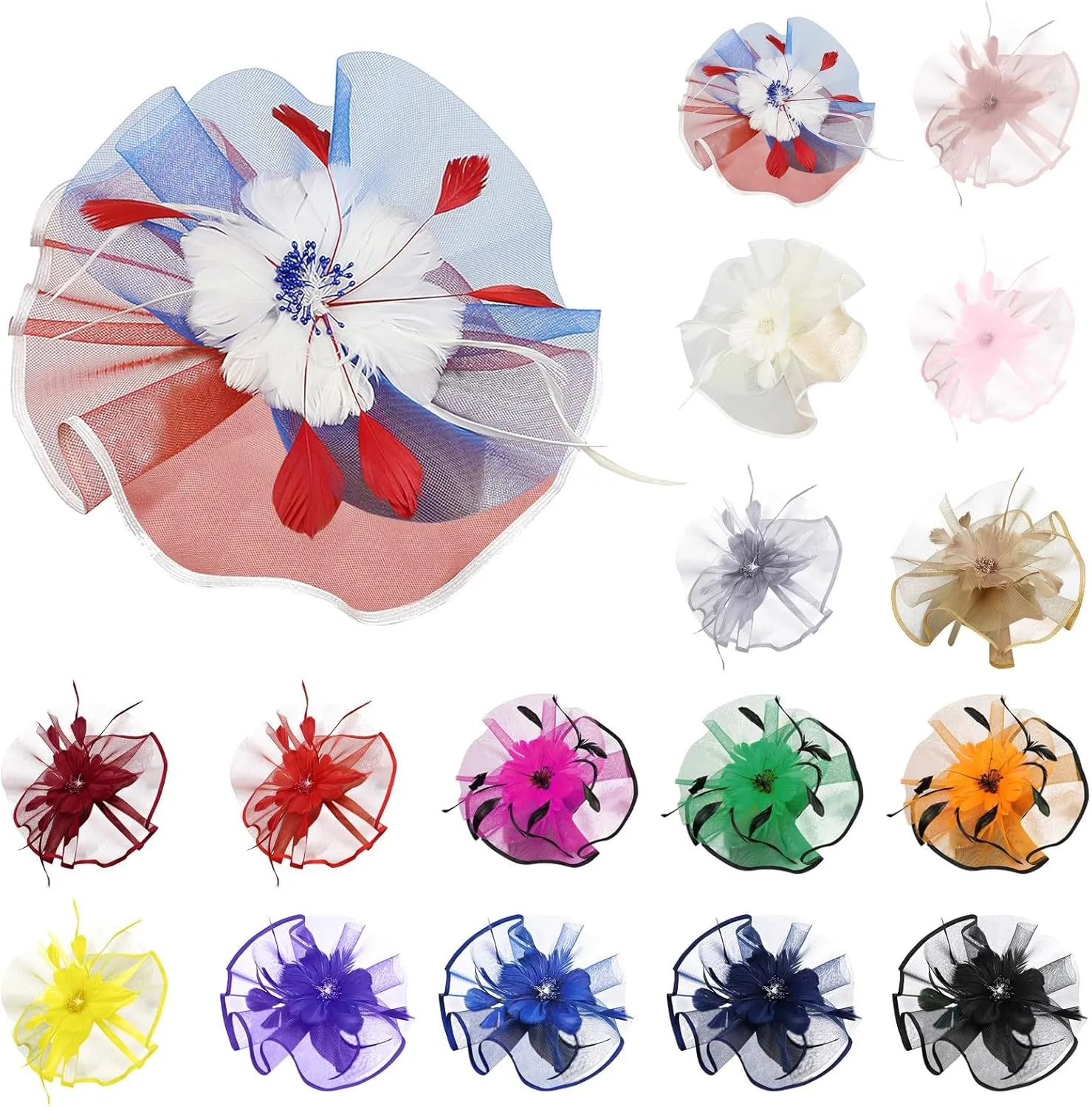 Flower Mesh Feather Fascinators for Women Party Hat Headband Derby Wedding Church Bridal Cocktail Feathers Hair Clip