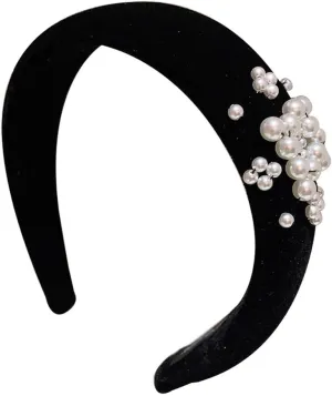 FMURY Hair Accessories Retro Irregular Size Pearl Trim Velvet Wide Edge Sponge Headband
