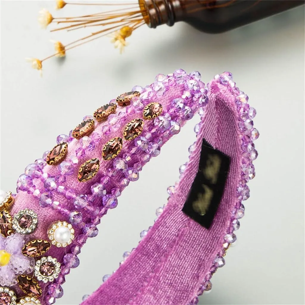 FMURY Pearl Rhinestone Floral Hair Bands Velvet Crystal Wide Edge Hair Accessories