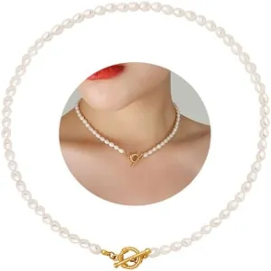 Freshwater Pearl Necklace, Genuine 5MM Oval Pearl Choker Stunning Real Pearl Necklace for Women Brides Wedding Jewelry Present