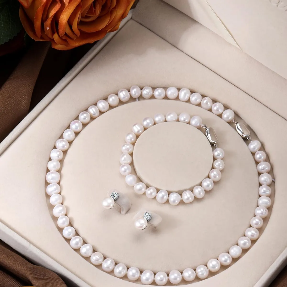 Freshwater Pearl Necklaces Set for Women Includes White Silver Pearl Bracelet and Pearl Diamond Stud Earrings Jewelry Set for Women Men Mother Wife Girlfriend Birthday Wedding Christmas Gifts