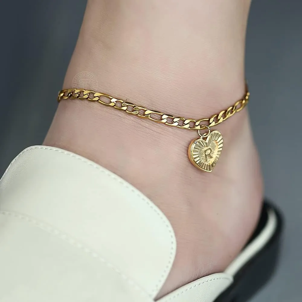 G-O Heart Alphabet Leg Bracelet For Women Gold Color Stainless Steel Summer Friendship Gifts Letter Initial Anklet (M)