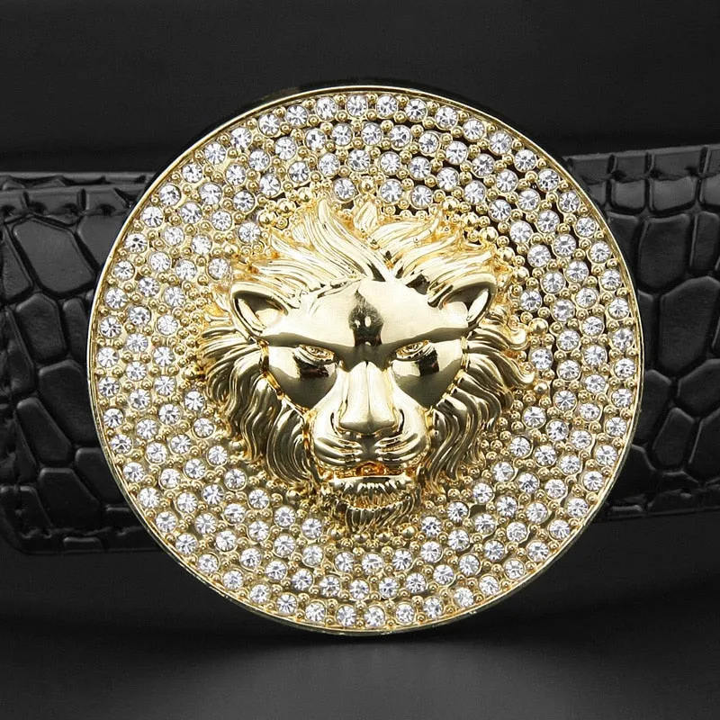 Genuine Leather Luxury Round Metal Alloy Buckle Lion Belt