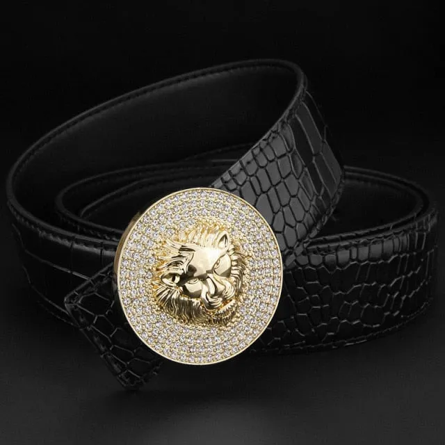 Genuine Leather Luxury Round Metal Alloy Buckle Lion Belt