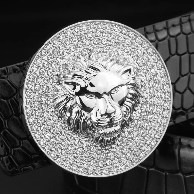 Genuine Leather Luxury Round Metal Alloy Buckle Lion Belt