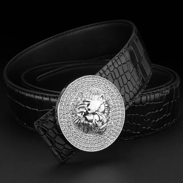 Genuine Leather Luxury Round Metal Alloy Buckle Lion Belt