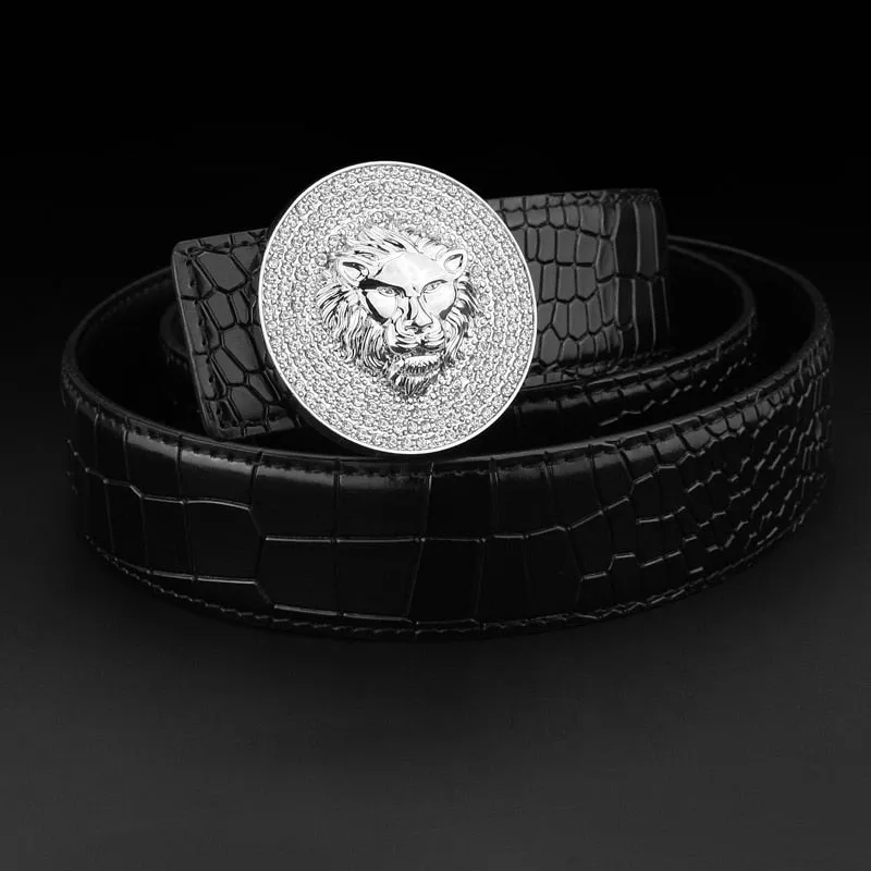 Genuine Leather Luxury Round Metal Alloy Buckle Lion Belt