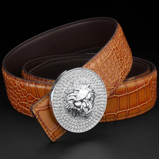 Genuine Leather Luxury Round Metal Alloy Buckle Lion Belt