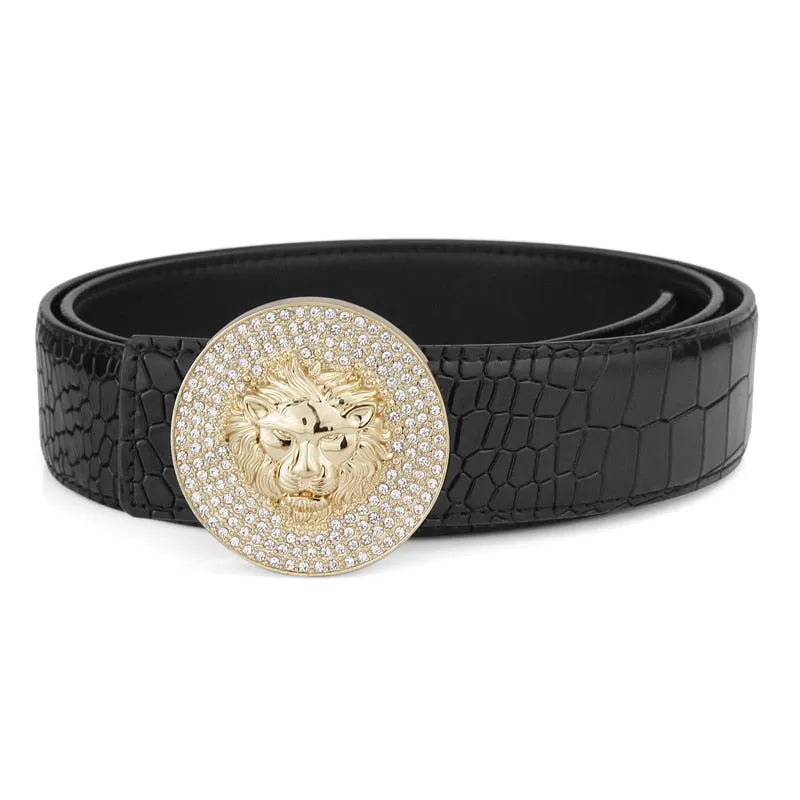 Genuine Leather Luxury Round Metal Alloy Buckle Lion Belt