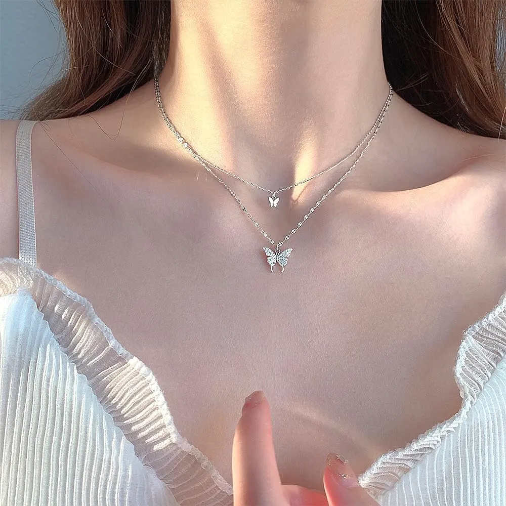 GIGB PBDK Trendy Layered Rhinestone Pendant Necklace for Women Boho Gold Plated Double Butterfly Choker Necklace Stackable Silver Necklace Jewelry Gifts