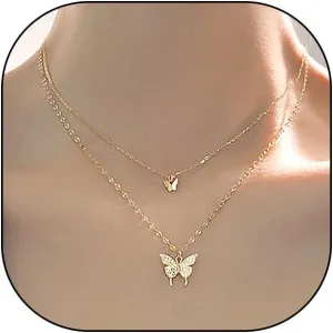 GIGB PBDK Trendy Layered Rhinestone Pendant Necklace for Women Boho Gold Plated Double Butterfly Choker Necklace Stackable Silver Necklace Jewelry Gifts