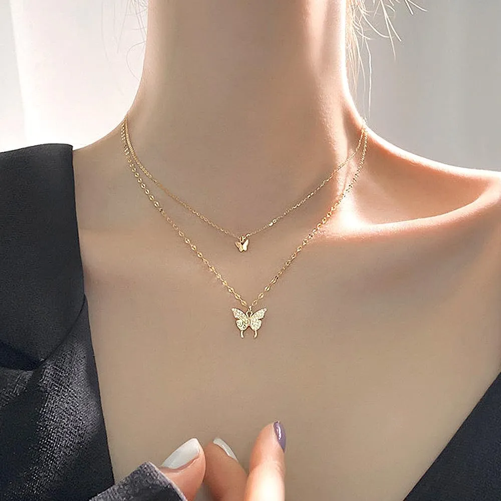 GIGB PBDK Trendy Layered Rhinestone Pendant Necklace for Women Boho Gold Plated Double Butterfly Choker Necklace Stackable Silver Necklace Jewelry Gifts