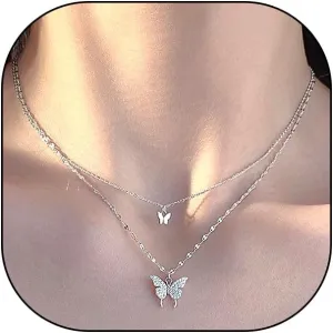 GIGB PBDK Trendy Layered Rhinestone Pendant Necklace for Women Boho Gold Plated Double Butterfly Choker Necklace Stackable Silver Necklace Jewelry Gifts