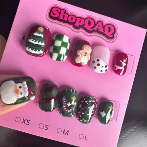 Gingerbread Man Christmas Nail Art | 3D Hand-Painted Press-On Nails – Cute Cartoon Design, Removable for Winter