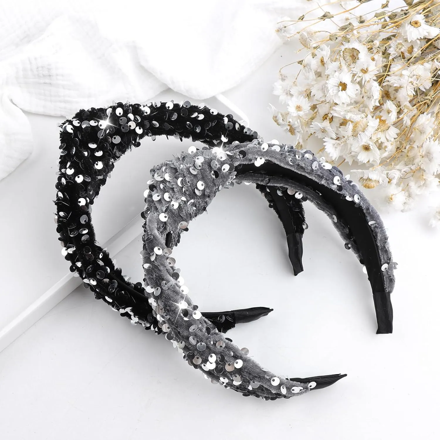 Girls Headbands Knotted Headband for Women Hair Accessories Velvet Headbands Sequins Soft Headbands Sparkly Head Bands Black Gray Glitter Hair band